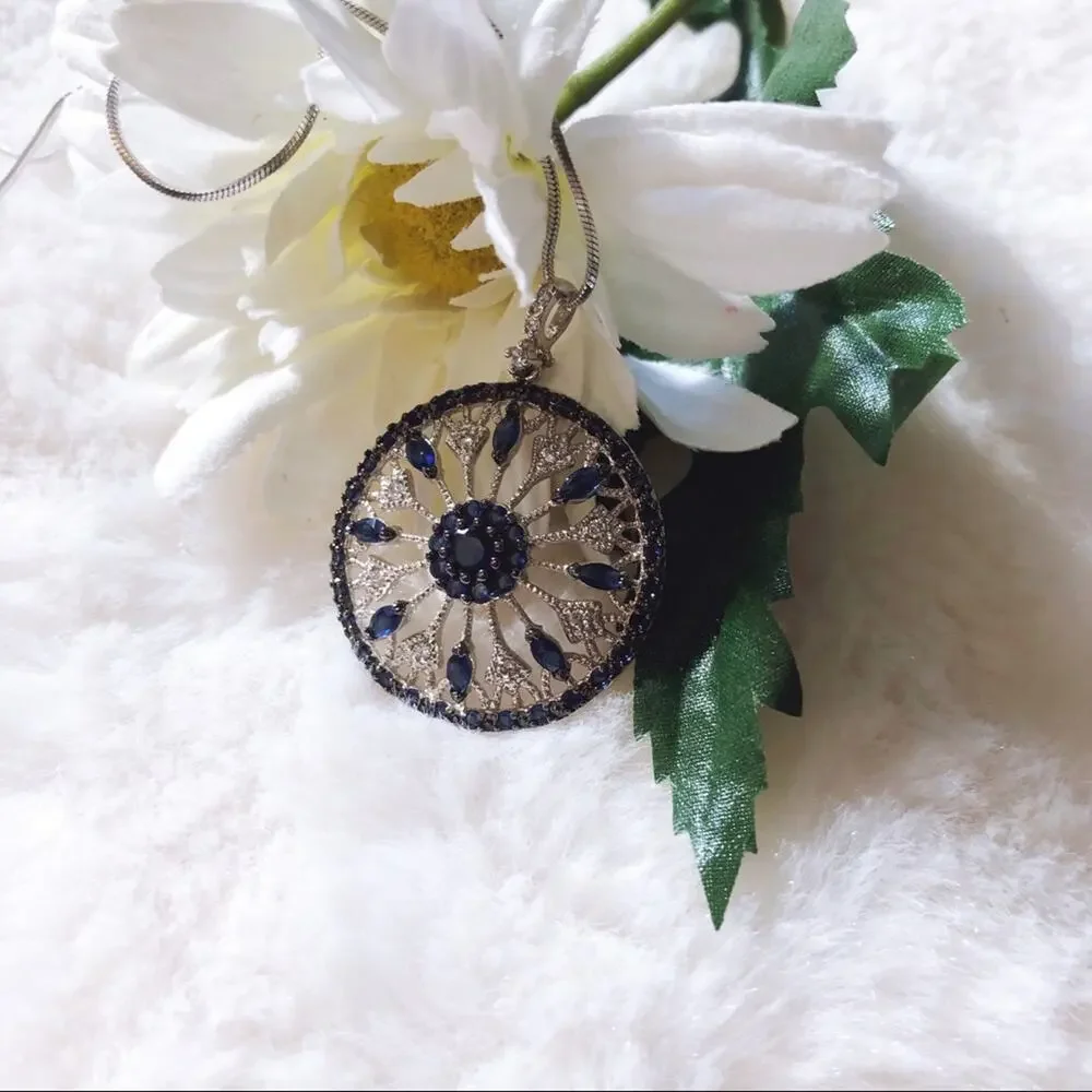 Blue and Silver Circle Flower Outline Necklace - Picture 1 of 11
